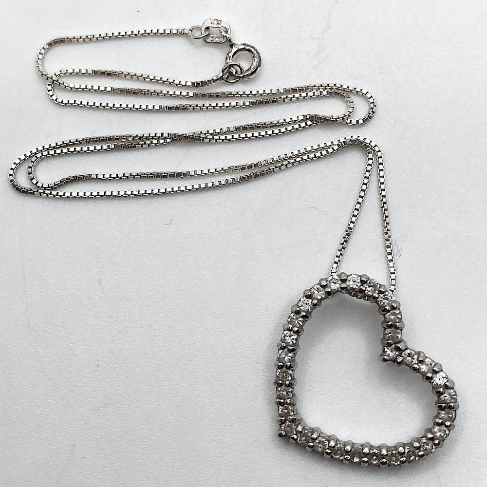 𝅺vtg Sterling Silver & Cz Stone Tilted Slanted Heart Pendant w Chain 16” & 1”